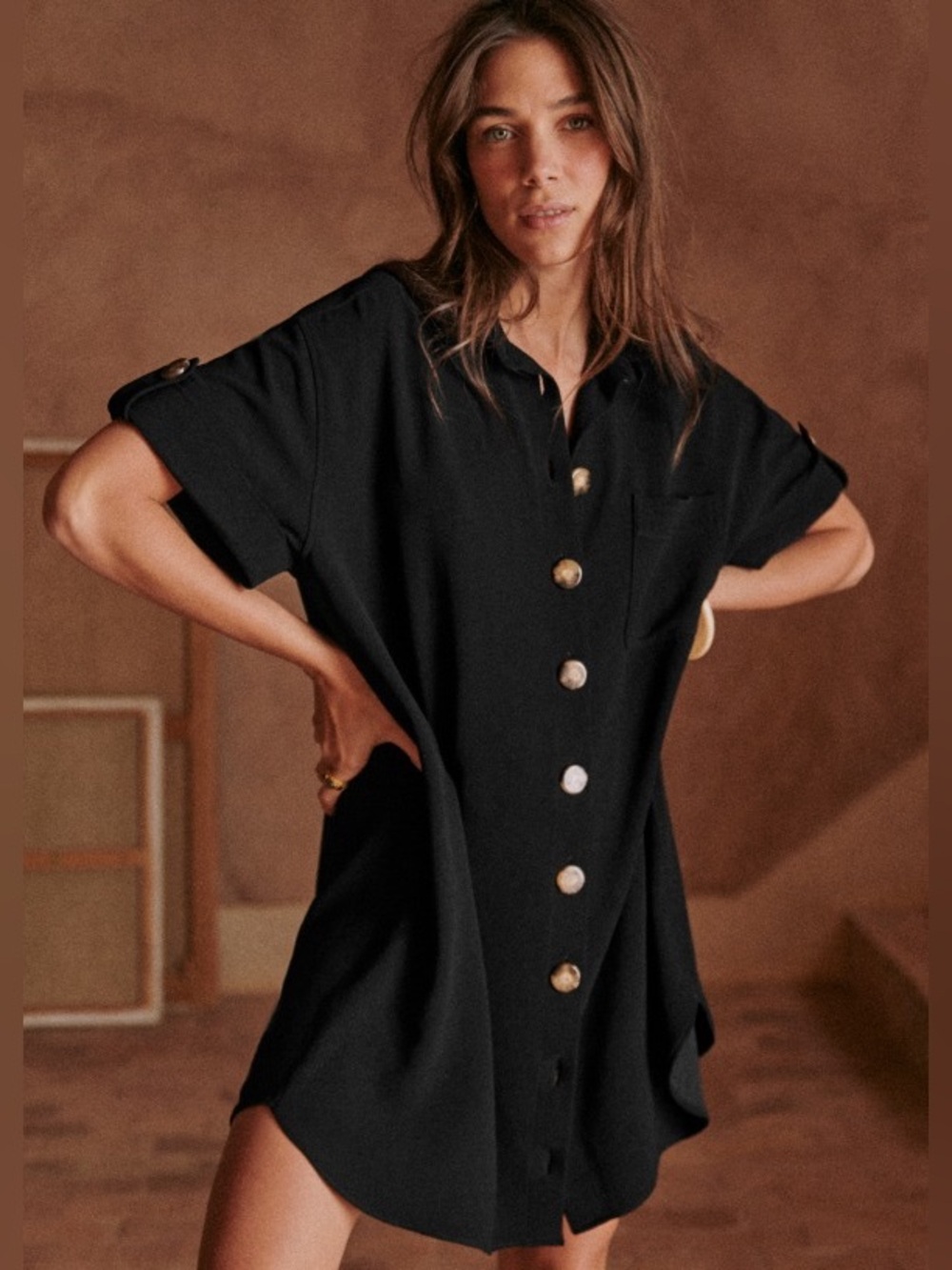 Sezane Sofia Dress Black Button Down Short Sleeve Mini Shirt Dress 36 US 4 Small